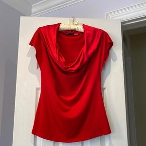 Stunning red satin Natori sleeveless shell with dramatic cowl neckline, xs.